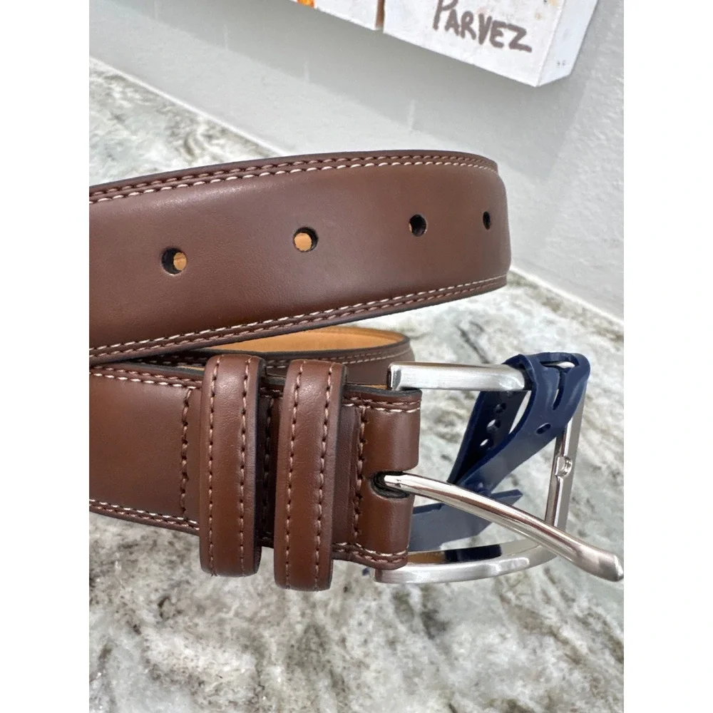 Saddlebred belt brown leather‎ strap double-stitch edges silver-tone buckle 38